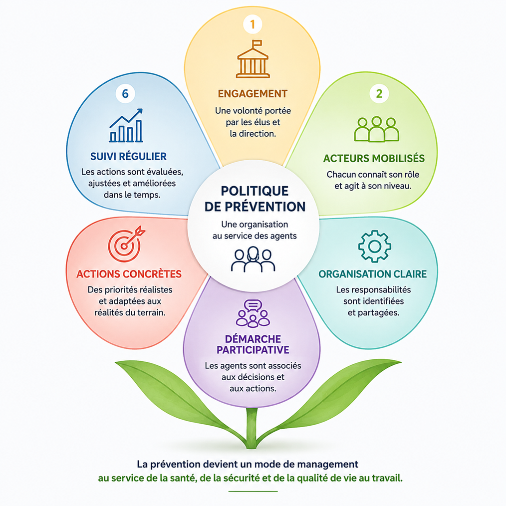 Schéma représentant les clés de la politique de prévention : engagement, acteurs mobilisés, organisation claire, démarche participative, actions concrètes et suivi régulier