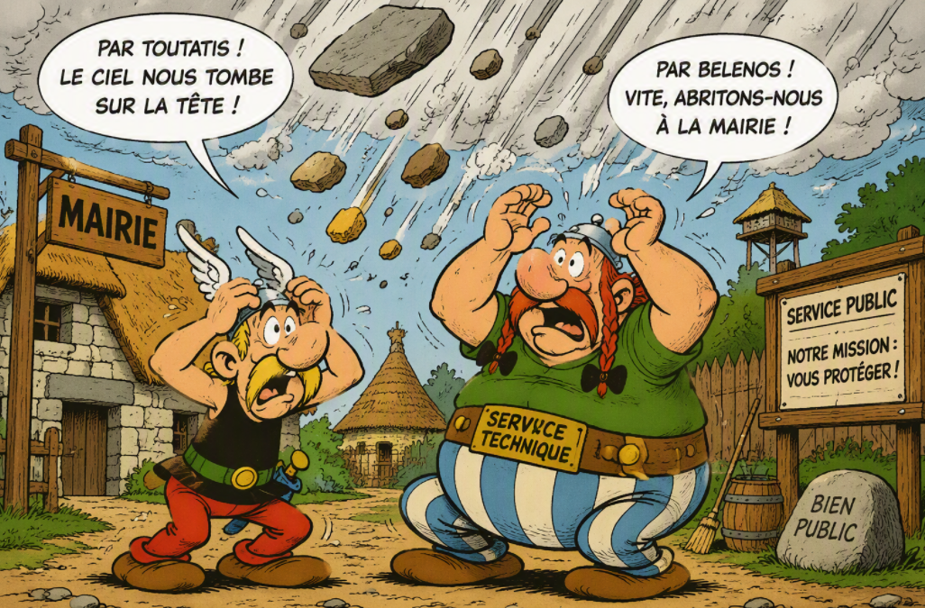Le ciel tombe sur la tête d'astérix et obelix en mode gaulois agent des services techniques