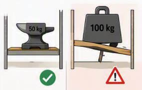 une étagère supportant une charge adaptée est comparée à une étagère surchargée susceptible de se déformer ou de basculer.