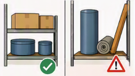 des objets de forme régulière et stables sont opposés à des objets encombrants, cylindriques ou difficiles à empiler, pouvant favoriser une instabilité.