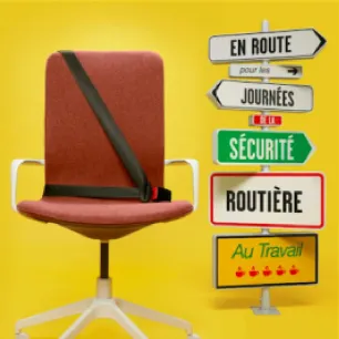 Fauteuil de bureau disposant d'une ceinture de sécurité,  à côté, un panneau de direction indiquant différents termes, chaque terme est représenté par un type de panneau différent : En route, journée, sécurité, routière, au travail", fond d'image jaune.